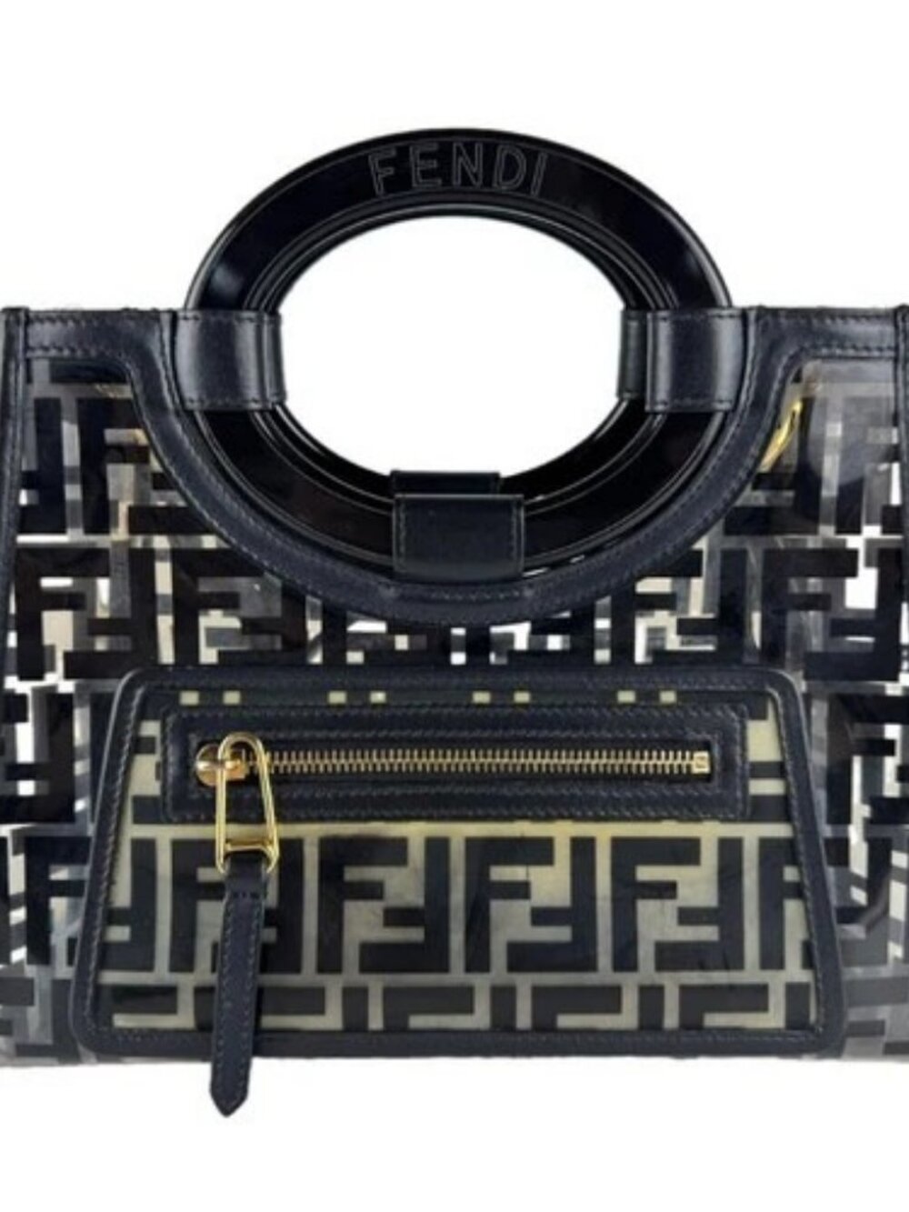 Auth FENDI Ranaway Shopper Handbag Shoulder Bag Black/Cear Vinyl/Leather - z9466